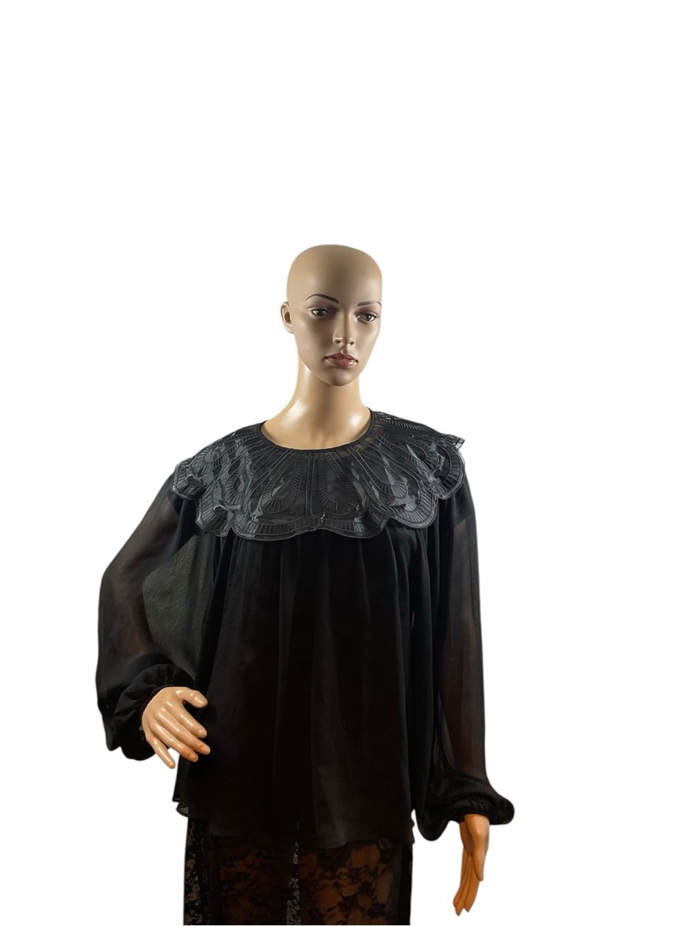 Zara Black Sheer Blouse with Embroidered Scalloped Collar
